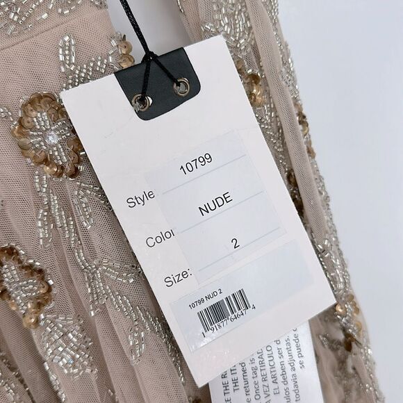 Mac Duggal Long Sleeves Embellished Beaded Midi Floral Nude Dress Size 2 - Picture 9 of 14